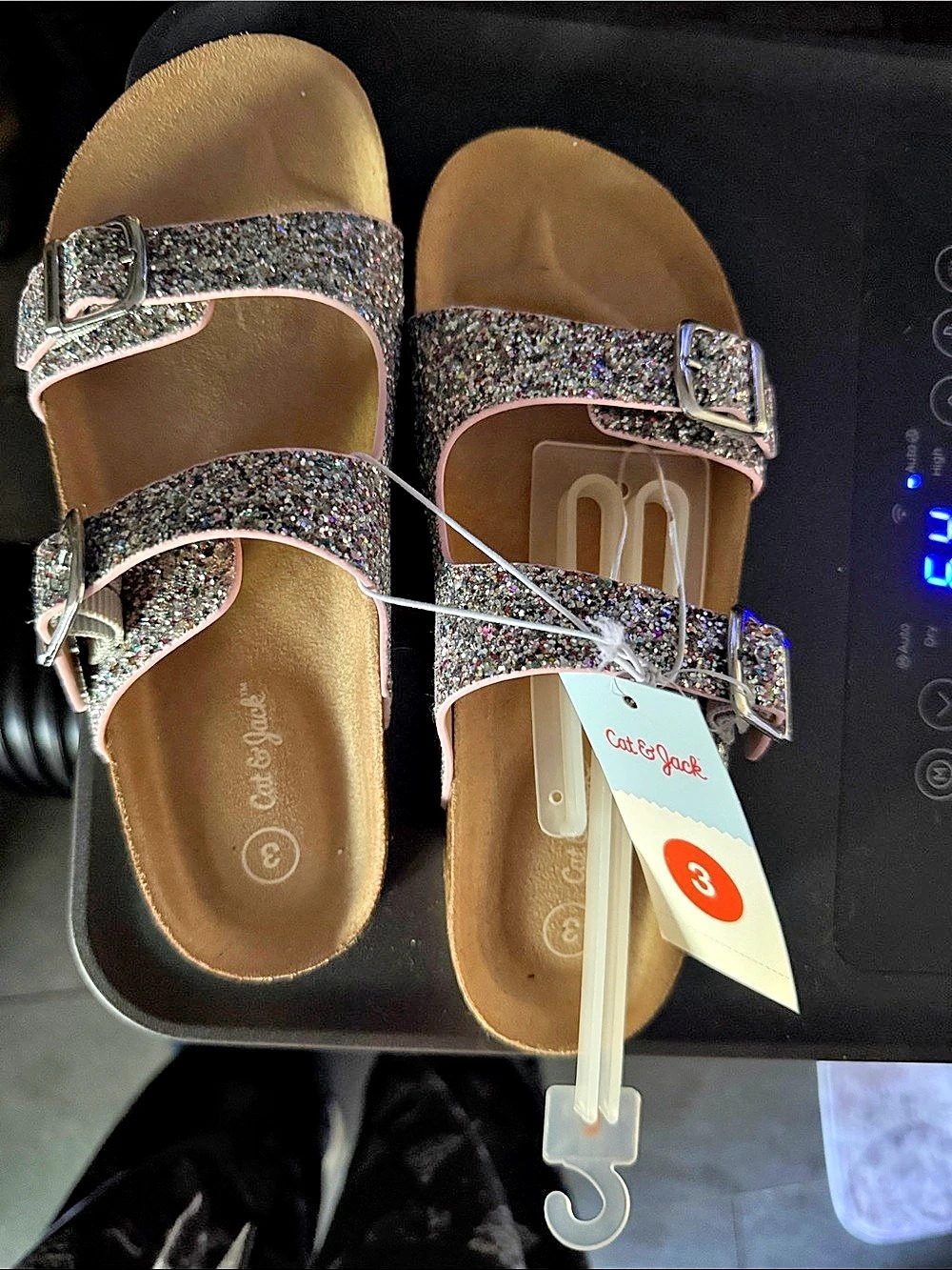 Cat & Jack Girls Glitter Two Strap Footbed Sandals Pink & Silver Size 3